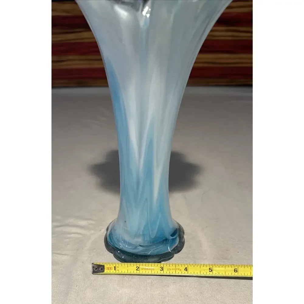 VINTAGE Murano Style BLUE WHITE SWUNG GLASS VASE WITH RUFFLED TOP VASE 10.5